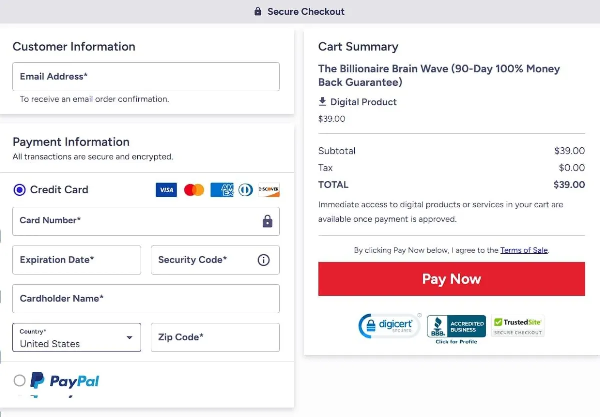 Billionaire Brain Wave program check out page